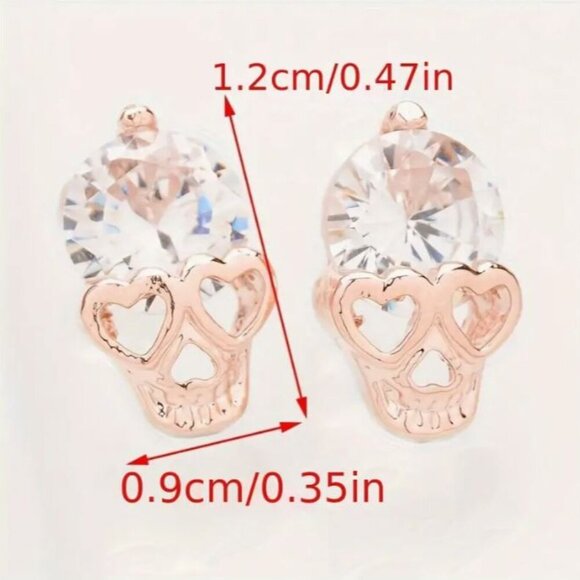 NEW Dainty 14K Rose Gold Plated Crystal Skull Stud Earrings - Picture 4 of 4